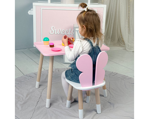 Стол прямой 46х60х45 и стул крылышки бабочка 26.5х26х25, столик и стульчик для девочки, розовый с белым