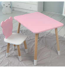 Стол прямой 46х60х45 и стул мордашка медвеженка 26.5х26х25, столик и стульчик для девочки, розовый с белым
