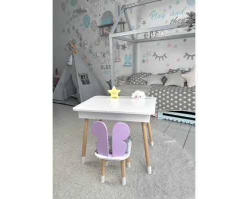 Столик с откидным верхом 53х60х45 и стульчик крылья бабочки 26.5х26х25, стол и стул для детей от 1 года, белый с фиолетовым