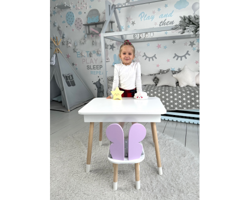 Столик с откидным верхом 53х60х45 и стульчик крылья бабочки 26.5х26х25, стол и стул для детей от 1 года, белый с фиолетовым