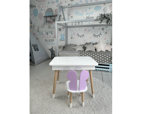 Столик с откидным верхом 53х60х45 и стульчик крылья бабочки 26.5х26х25, стол и стул для детей от 1 года, белый с фиолетовым