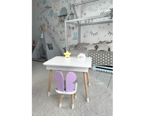 Столик с откидным верхом 53х60х45 и стульчик крылья бабочки 26.5х26х25, стол и стул для детей от 1 года, белый с фиолетовым