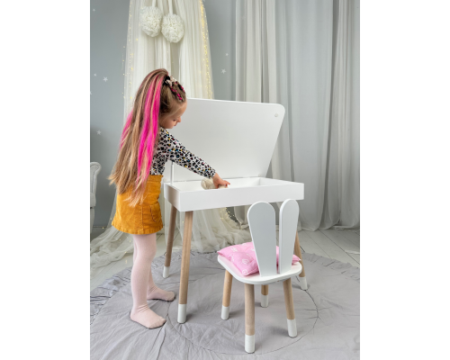 Детский столик с откидным верхом 53х60х45 и стульчик зайчик 26.5х26х25, стол и стул для детей до 7 лет, белый