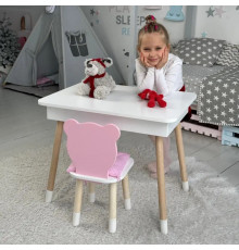 Стол прямоугольный с откидным ящиком 53х60х45 и стул медведик 26.5х26х25, столик и стульчик для девчачьей комнаты, розовый с белым