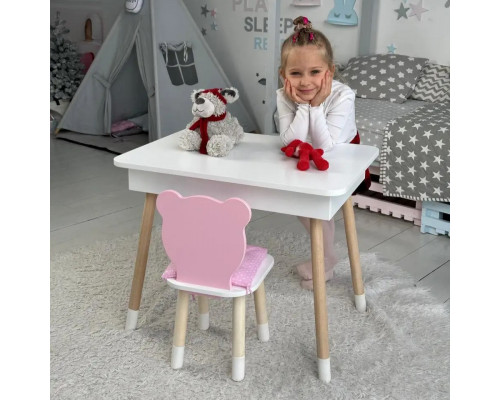 Стол прямоугольный с откидным ящиком 53х60х45 и стул медведик 26.5х26х25, столик и стульчик для девчачьей комнаты, розовый с белым