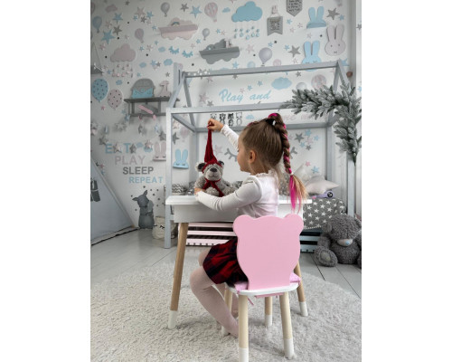 Стол прямоугольный с откидным ящиком 53х60х45 и стул медведик 26.5х26х25, столик и стульчик для девчачьей комнаты, розовый с белым
