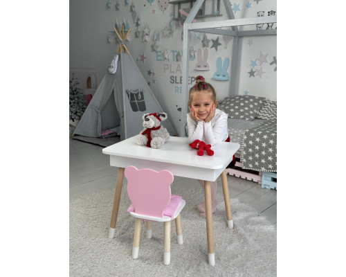 Стол прямоугольный с откидным ящиком 53х60х45 и стул медведик 26.5х26х25, столик и стульчик для девчачьей комнаты, розовый с белым