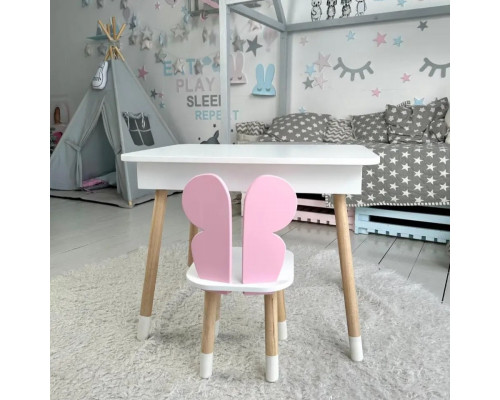 Детский столик с откидным верхом 53х60х45 и стульчик бабочка 26.5х26х25, стол и стул для детей до 7 лет, белый с розовым