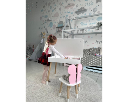 Детский столик с откидным верхом 53х60х45 и стульчик бабочка 26.5х26х25, стол и стул для детей до 7 лет, белый с розовым