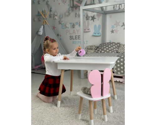 Детский столик с откидным верхом 53х60х45 и стульчик бабочка 26.5х26х25, стол и стул для детей до 7 лет, белый с розовым