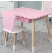 Стол прямоугольный с ящиком 46х60х45 и стул медвежонка 26.5х26х25, столик и стульчик для детской комнаты, розовый с белым