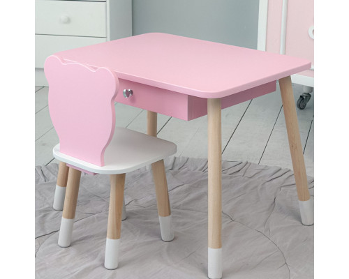 Стол прямоугольный с ящиком 46х60х45 и стул медвежонка 26.5х26х25, столик и стульчик для детской комнаты, розовый с белым
