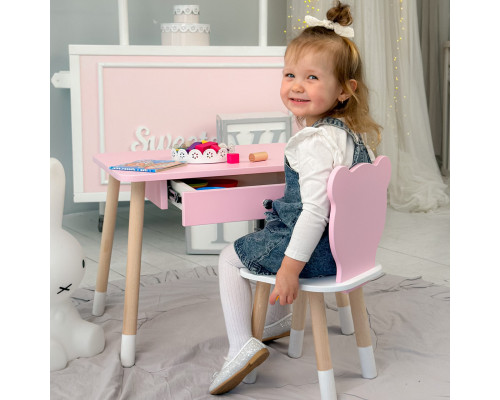 Стол прямоугольный с ящиком 46х60х45 и стул медвежонка 26.5х26х25, столик и стульчик для детской комнаты, розовый с белым