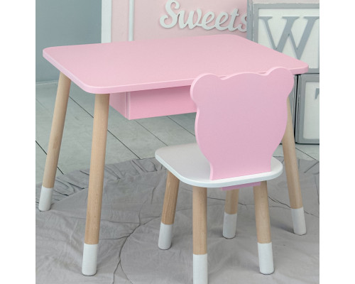 Стол прямоугольный с ящиком 46х60х45 и стул медвежонка 26.5х26х25, столик и стульчик для детской комнаты, розовый с белым