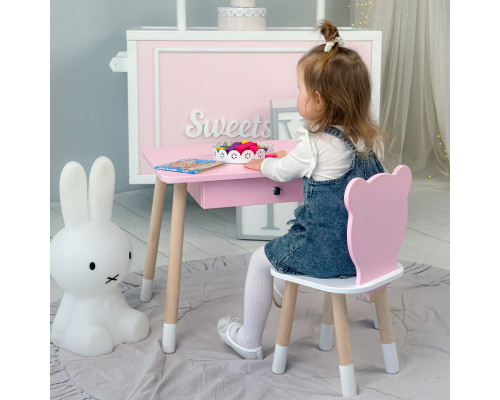 Стол прямоугольный с ящиком 46х60х45 и стул медвежонка 26.5х26х25, столик и стульчик для детской комнаты, розовый с белым