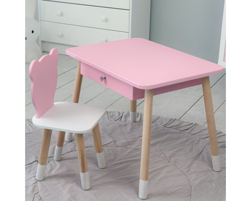 Стол прямоугольный с ящиком 46х60х45 и стул медвежонка 26.5х26х25, столик и стульчик для детской комнаты, розовый с белым