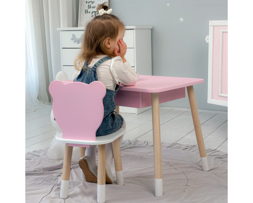 Стол прямоугольный с ящиком 46х60х45 и стул медвежонка 26.5х26х25, столик и стульчик для детской комнаты, розовый с белым