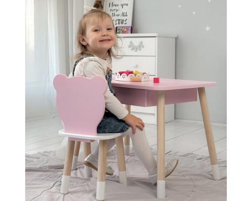 Стол прямоугольный с ящиком 46х60х45 и стул медвежонка 26.5х26х25, столик и стульчик для детской комнаты, розовый с белым