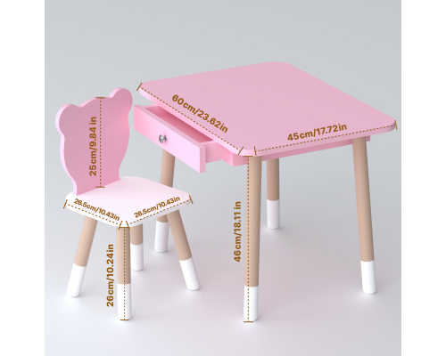 Стол прямоугольный с ящиком 46х60х45 и стул медвежонка 26.5х26х25, столик и стульчик для детской комнаты, розовый с белым