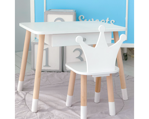 Стол прямоугольный с ящиком для вещей 46х60х45 и стул корона 26.5х26х25, столик и стульчик в детскую, белый