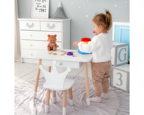 Стол прямоугольный с ящиком для вещей 46х60х45 и стул корона 26.5х26х25, столик и стульчик в детскую, белый