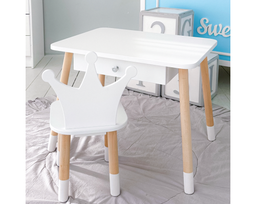 Стол прямоугольный с ящиком для вещей 46х60х45 и стул корона 26.5х26х25, столик и стульчик в детскую, белый