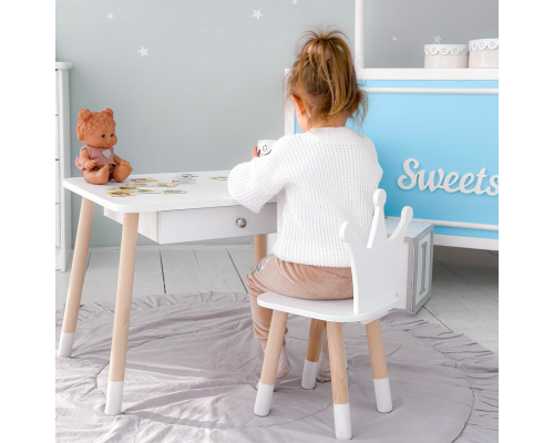 Стол прямоугольный с ящиком для вещей 46х60х45 и стул корона 26.5х26х25, столик и стульчик в детскую, белый