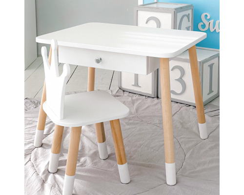 Стол прямоугольный с ящиком для вещей 46х60х45 и стул корона 26.5х26х25, столик и стульчик в детскую, белый