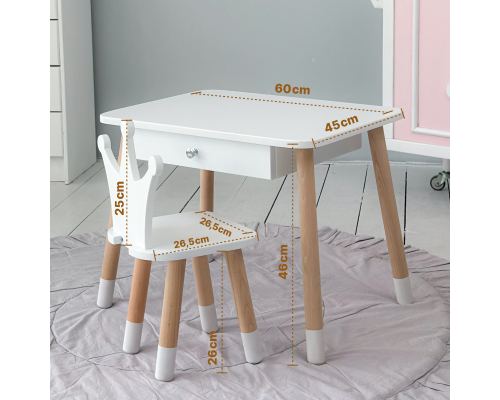 Стол прямоугольный с ящиком для вещей 46х60х45 и стул корона 26.5х26х25, столик и стульчик в детскую, белый