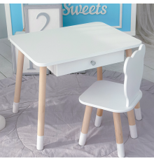 Стол прямоугольный с выдвижным ящиком 46х60х45 и стул медведь 26.5х26х25, столик и стульчик в детскую, белый