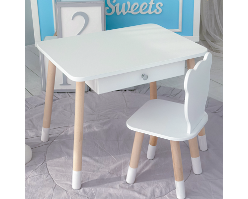 Стол прямоугольный с выдвижным ящиком 46х60х45 и стул медведь 26.5х26х25, столик и стульчик в детскую, белый