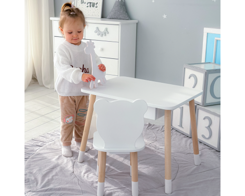 Стол прямоугольный с выдвижным ящиком 46х60х45 и стул медведь 26.5х26х25, столик и стульчик в детскую, белый