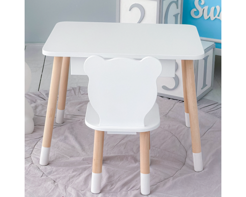 Стол прямоугольный с выдвижным ящиком 46х60х45 и стул медведь 26.5х26х25, столик и стульчик в детскую, белый
