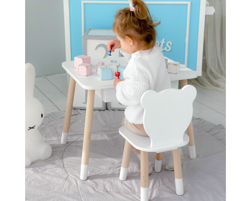 Стол прямоугольный с выдвижным ящиком 46х60х45 и стул медведь 26.5х26х25, столик и стульчик в детскую, белый