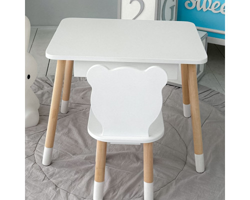 Стол прямоугольный с выдвижным ящиком 46х60х45 и стул медведь 26.5х26х25, столик и стульчик в детскую, белый
