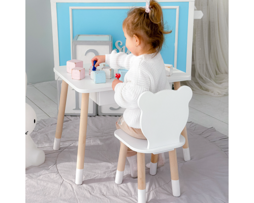 Стол прямоугольный с выдвижным ящиком 46х60х45 и стул медведь 26.5х26х25, столик и стульчик в детскую, белый