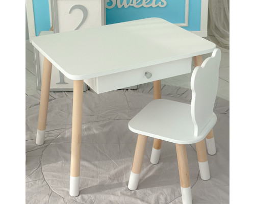 Стол прямоугольный с выдвижным ящиком 46х60х45 и стул медведь 26.5х26х25, столик и стульчик в детскую, белый