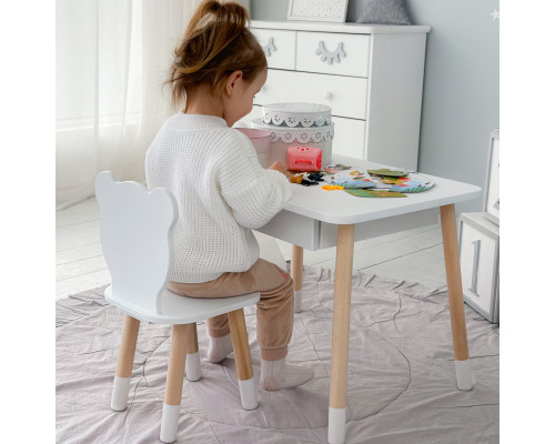 Стол прямоугольный с выдвижным ящиком 46х60х45 и стул медведь 26.5х26х25, столик и стульчик в детскую, белый