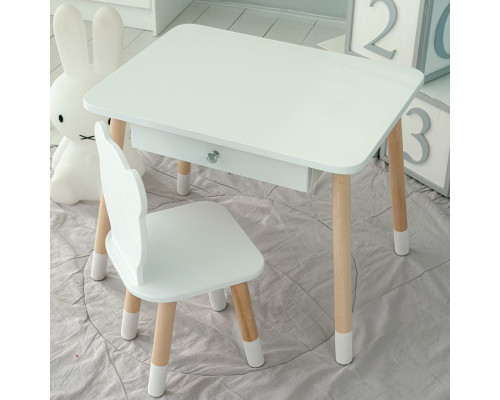 Стол прямоугольный с выдвижным ящиком 46х60х45 и стул медведь 26.5х26х25, столик и стульчик в детскую, белый