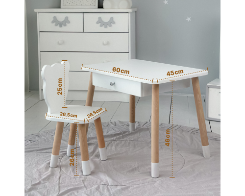 Стол прямоугольный с выдвижным ящиком 46х60х45 и стул медведь 26.5х26х25, столик и стульчик в детскую, белый