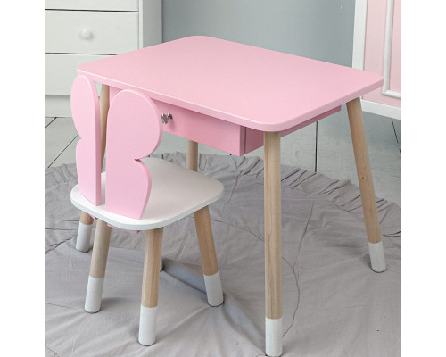 Стол прямоугольный с ящиком для вещей 46х60х45 и стул бабочка 26.5х26х25, столик и стульчик в детскую, розовый с белым