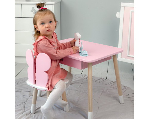Стол прямоугольный с ящиком для вещей 46х60х45 и стул бабочка 26.5х26х25, столик и стульчик в детскую, розовый с белым