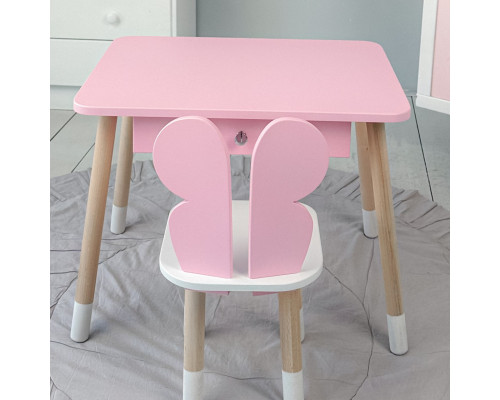 Стол прямоугольный с ящиком для вещей 46х60х45 и стул бабочка 26.5х26х25, столик и стульчик в детскую, розовый с белым