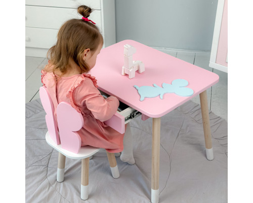 Стол прямоугольный с ящиком для вещей 46х60х45 и стул бабочка 26.5х26х25, столик и стульчик в детскую, розовый с белым