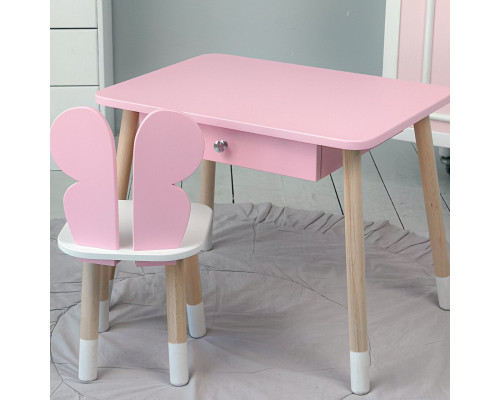 Стол прямоугольный с ящиком для вещей 46х60х45 и стул бабочка 26.5х26х25, столик и стульчик в детскую, розовый с белым