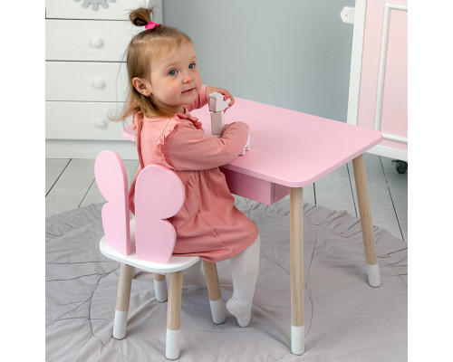 Стол прямоугольный с ящиком для вещей 46х60х45 и стул бабочка 26.5х26х25, столик и стульчик в детскую, розовый с белым