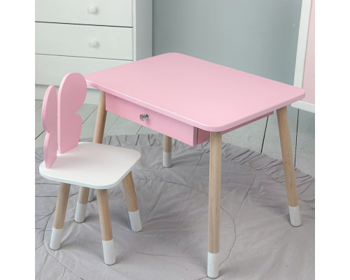 Стол прямоугольный с ящиком для вещей 46х60х45 и стул бабочка 26.5х26х25, столик и стульчик в детскую, розовый с белым