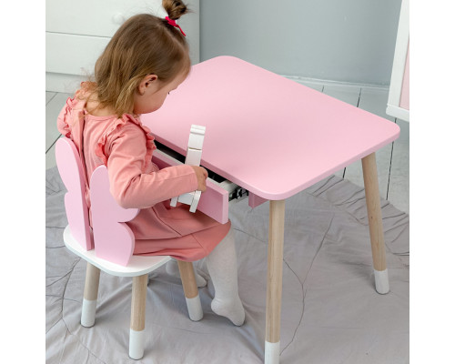 Стол прямоугольный с ящиком для вещей 46х60х45 и стул бабочка 26.5х26х25, столик и стульчик в детскую, розовый с белым