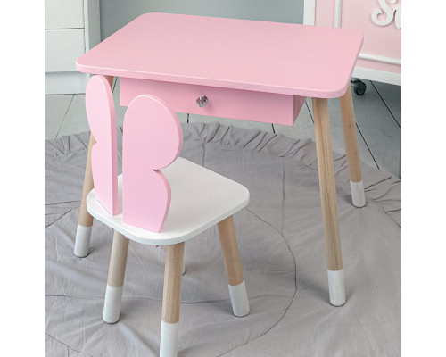 Стол прямоугольный с ящиком для вещей 46х60х45 и стул бабочка 26.5х26х25, столик и стульчик в детскую, розовый с белым