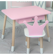 Стол прямоугольный с ящиком 46х60х45 и стул корона 26.5х26х25, столик и стульчик в детскую, розовый с белым
